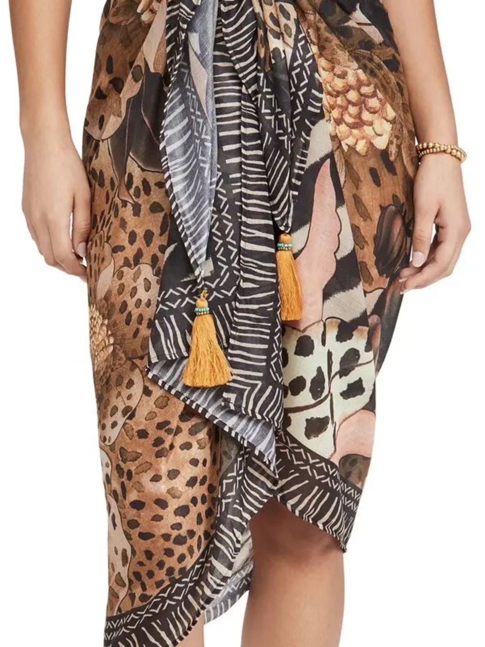 Agua Bendita Jambo Mixed Animal Print Swim Sarong with Yellow Tassels